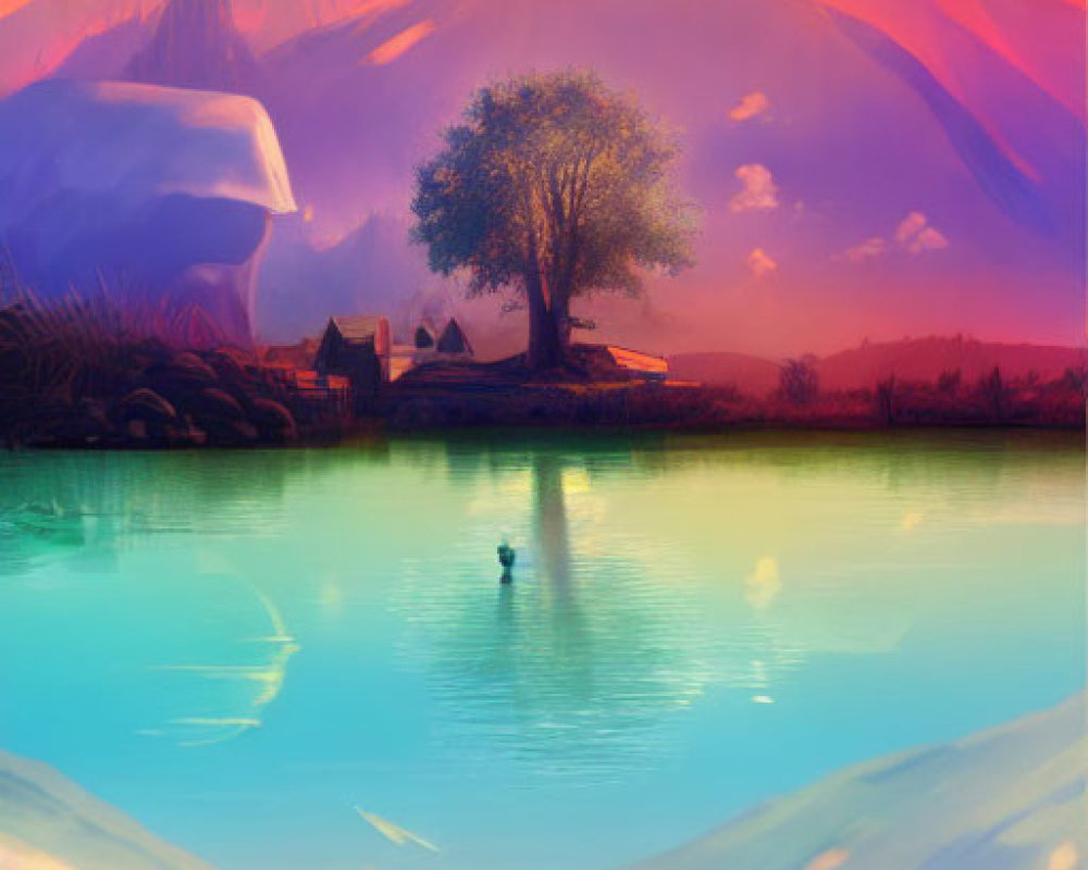 Vibrant surreal landscape with tree, houses, person swimming, and alien-like formations