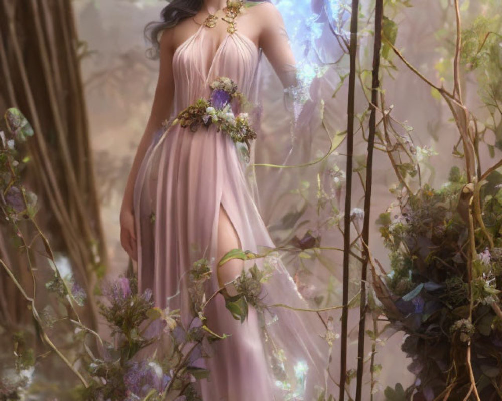 Woman in pink dress surrounded by mystical forest with blue light patterns