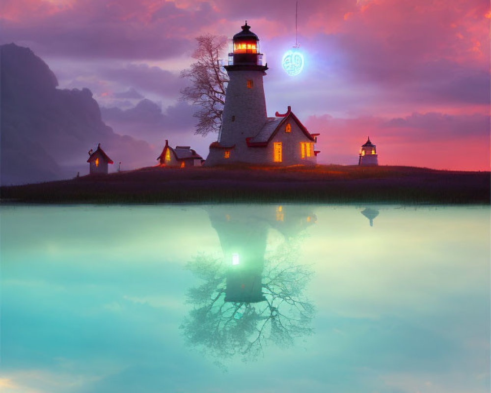 Tranquil dusk scene with picturesque lighthouse and vibrant sky