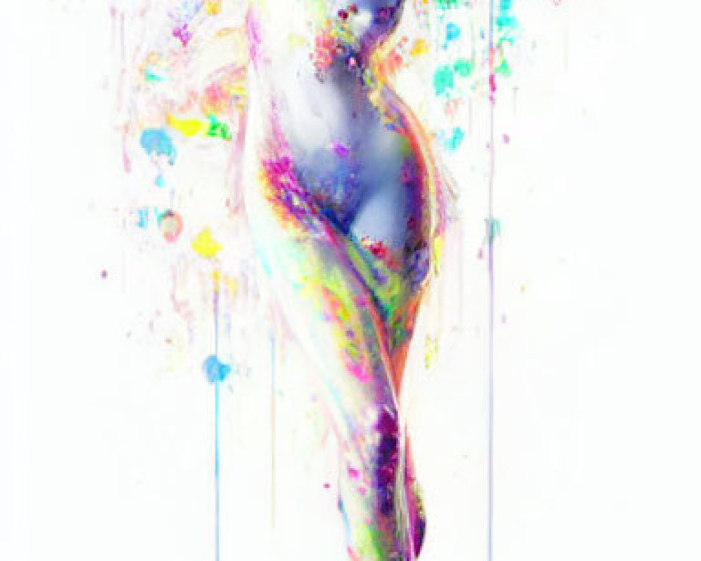 Vibrant human figure covered in bright paint splashes on white background