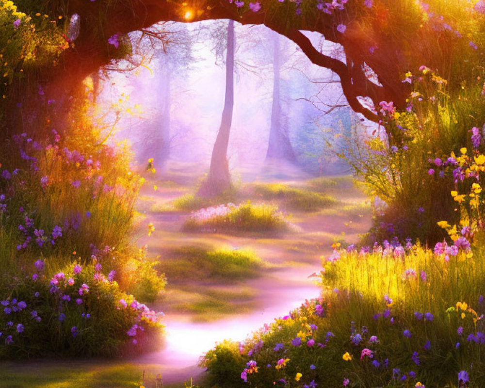 Sunlit Path Through Magical Forest with Purple Flowers and Floral Archway