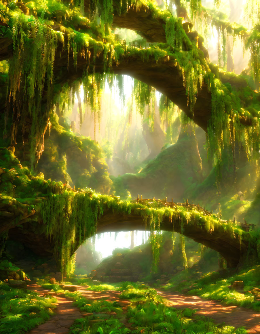 Serene forest scene with moss-covered stone bridge and warm sunlight