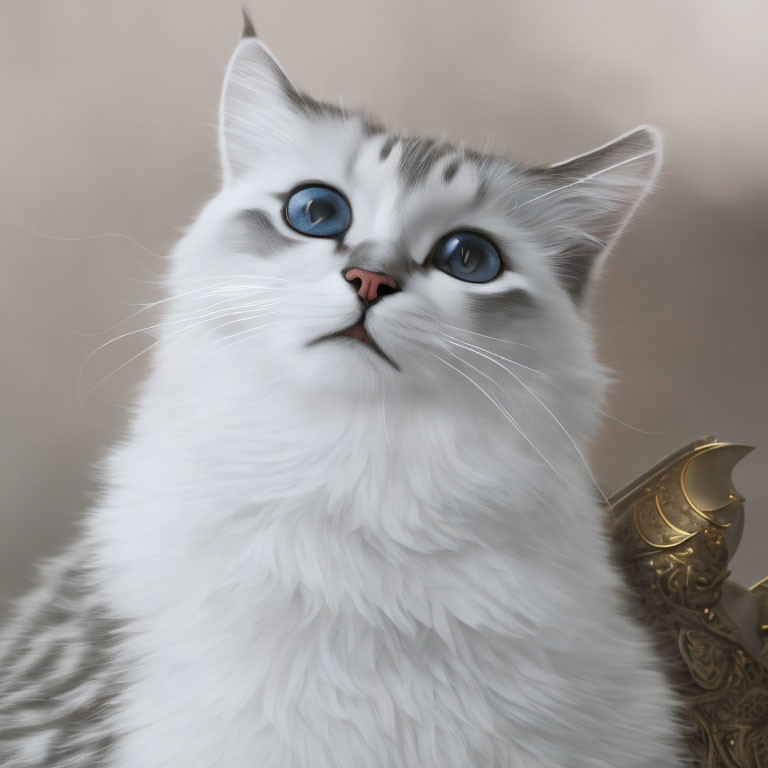 Fluffy white cat with blue eyes and grey fur, gazing upward near ornate item