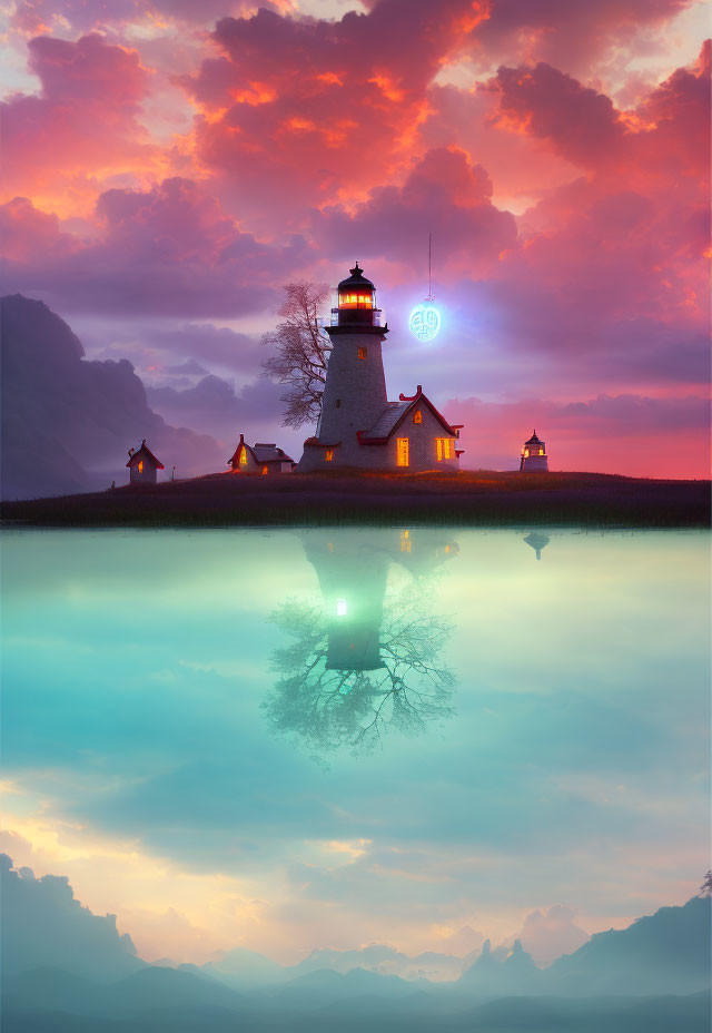 Tranquil dusk scene with picturesque lighthouse and vibrant sky