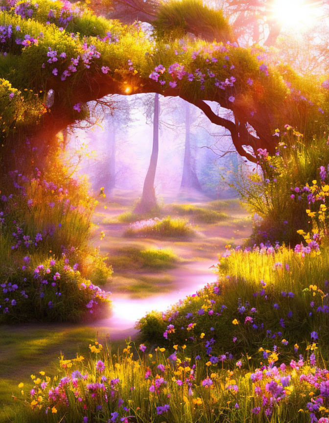 Sunlit Path Through Magical Forest with Purple Flowers and Floral Archway