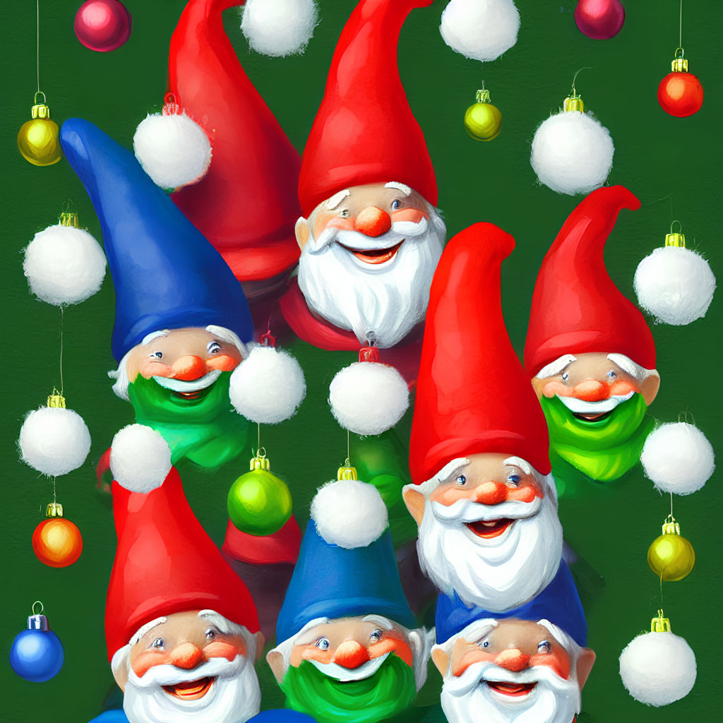 Colorful Christmas Gnomes with Red Hats and Ornaments on Green Background