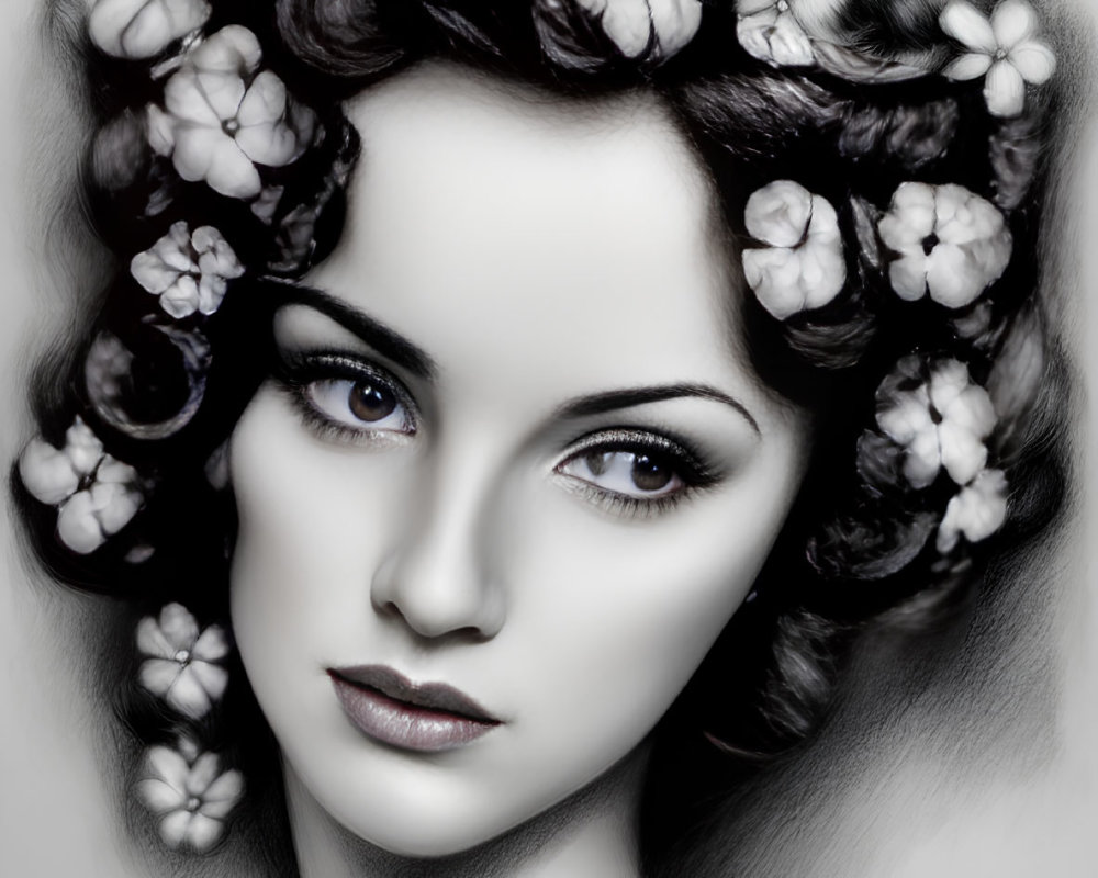 Monochrome artistic portrait of a woman with flowers in her hair