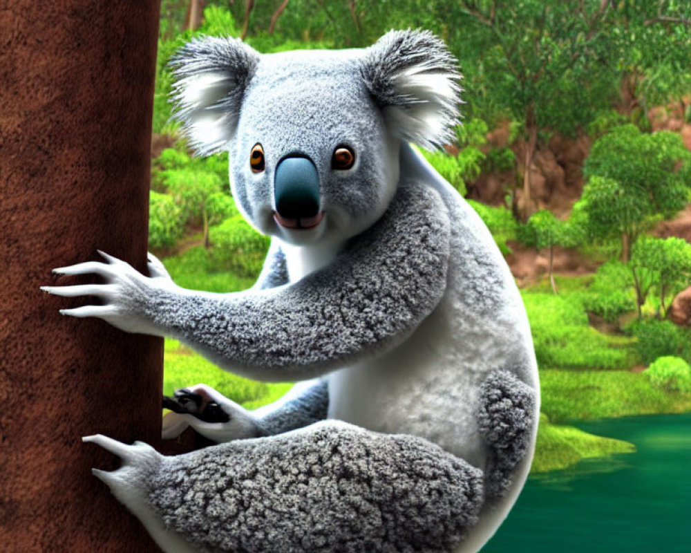 Detailed 3D illustration of koala on tree trunk in lush forest