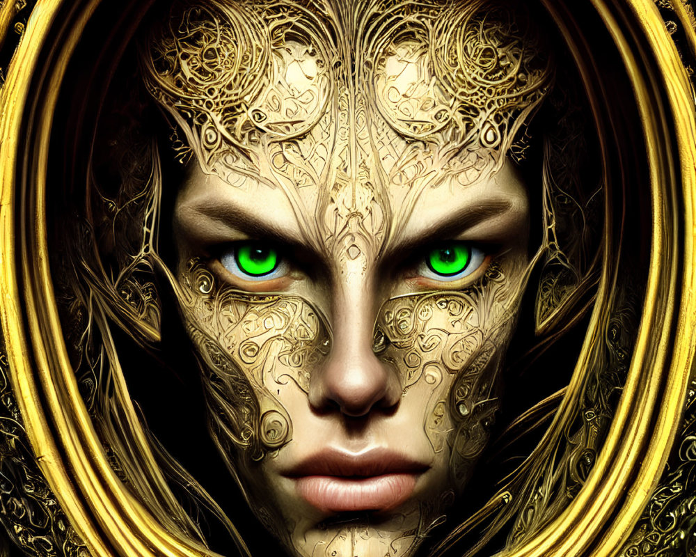 Intricate Golden Patterns on Person's Face with Green Eyes