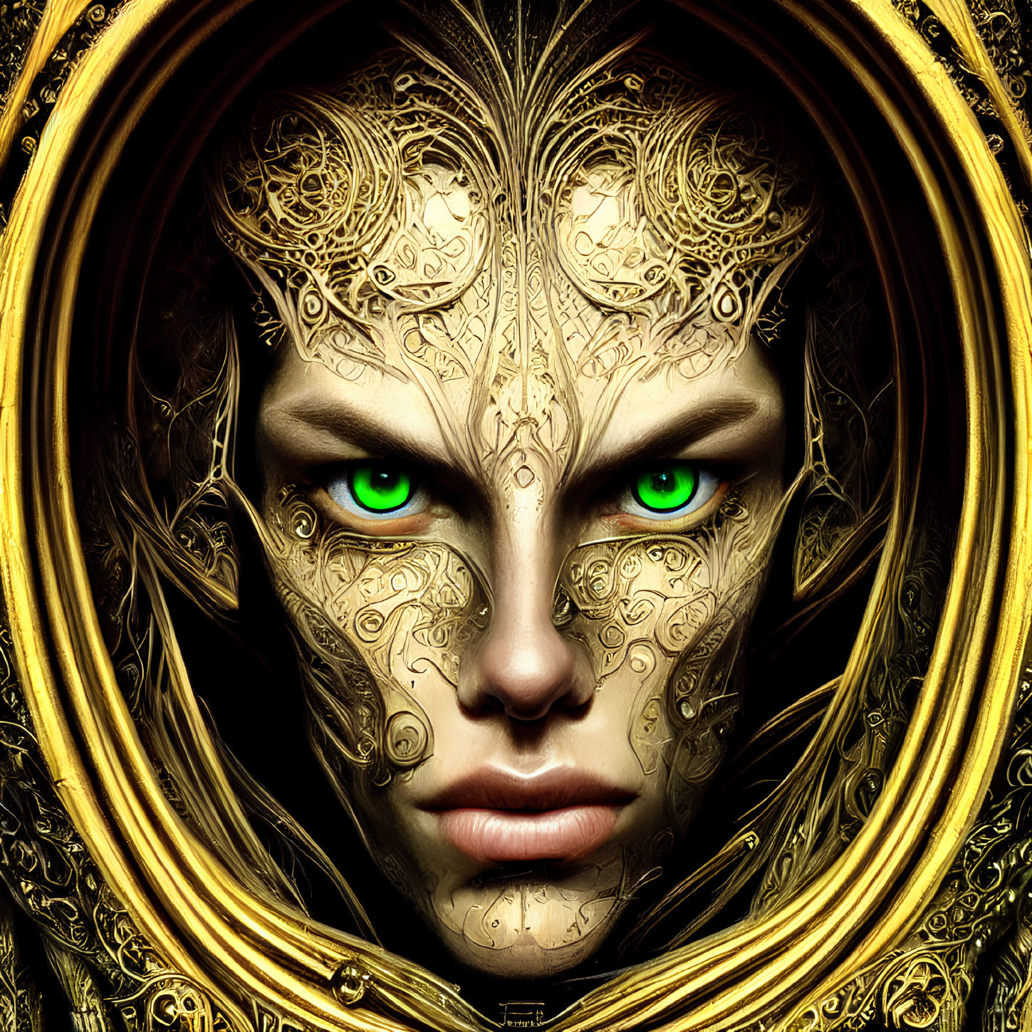 Intricate Golden Patterns on Person's Face with Green Eyes