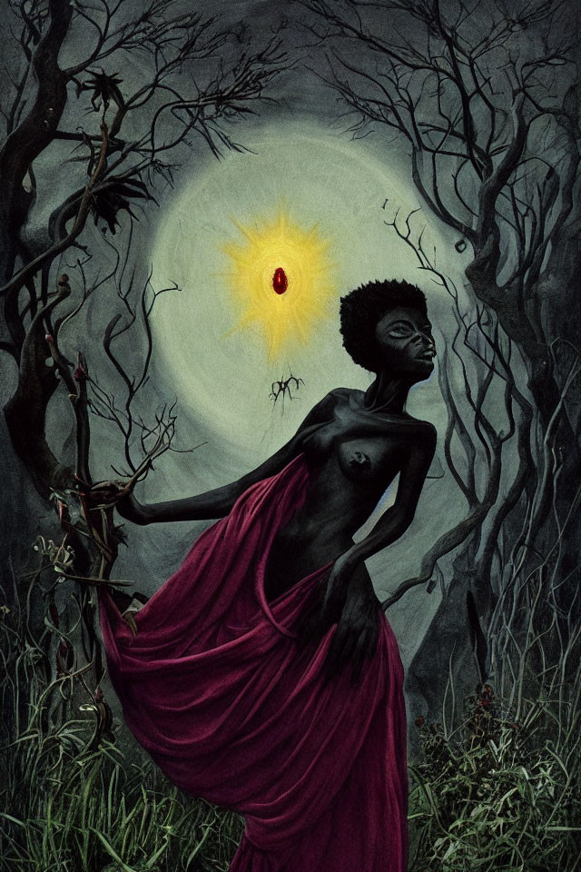 Illustration of person in mystical forest with yellow-eyed moon and magenta cloth