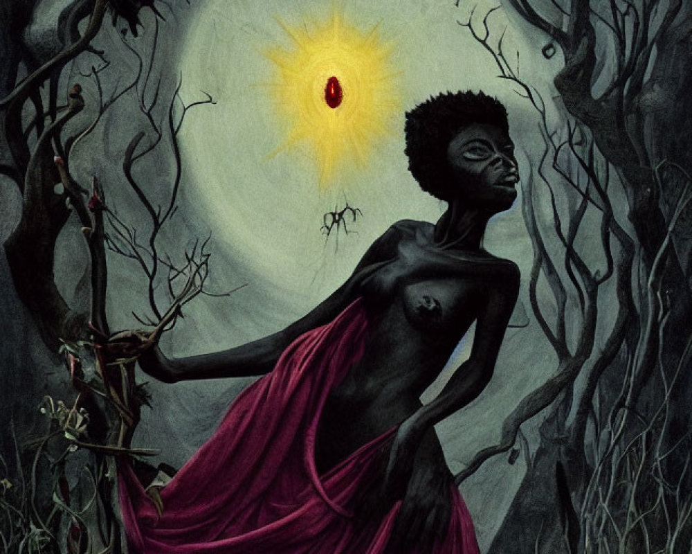 Illustration of person in mystical forest with yellow-eyed moon and magenta cloth