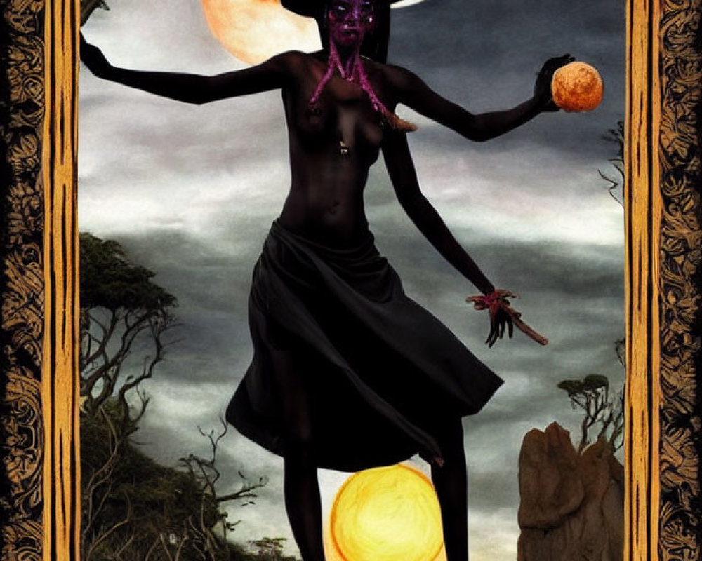 Purple-faced figure in witch's hat holds orange orb in surreal landscape