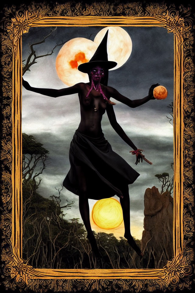 Purple-faced figure in witch's hat holds orange orb in surreal landscape