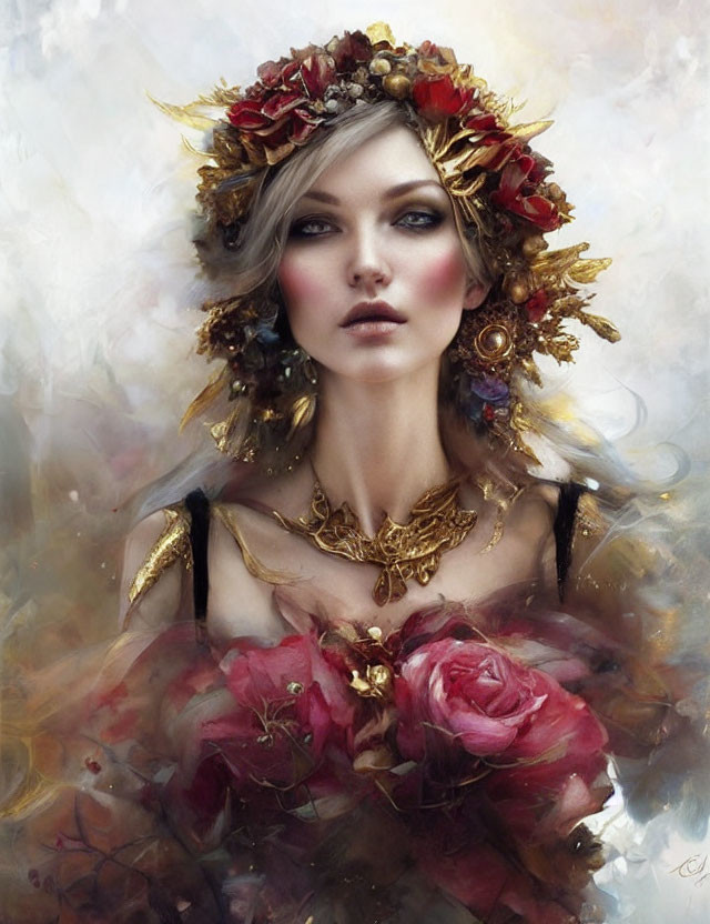 Portrait of a Woman with Floral Crown and Vibrant Roses