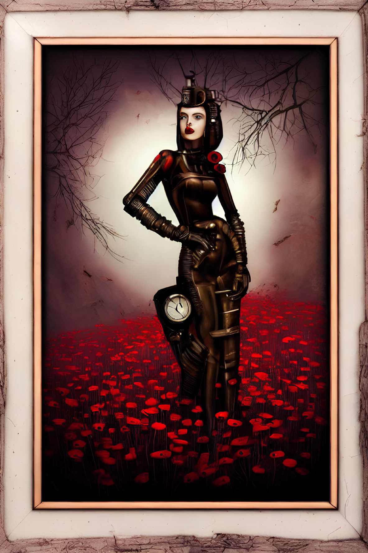 Framed digital artwork of female android in dystopian red foliage landscape