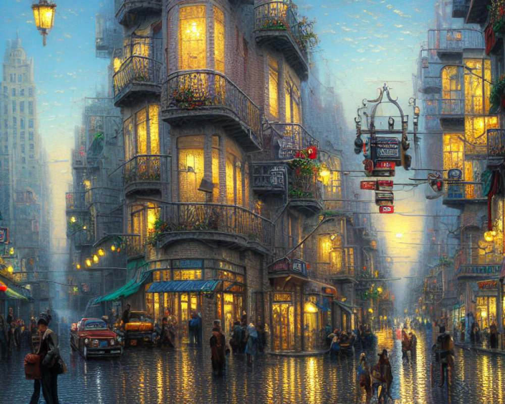 Vintage architecture and glowing lights on a bustling city street at dusk with people walking in gentle rain