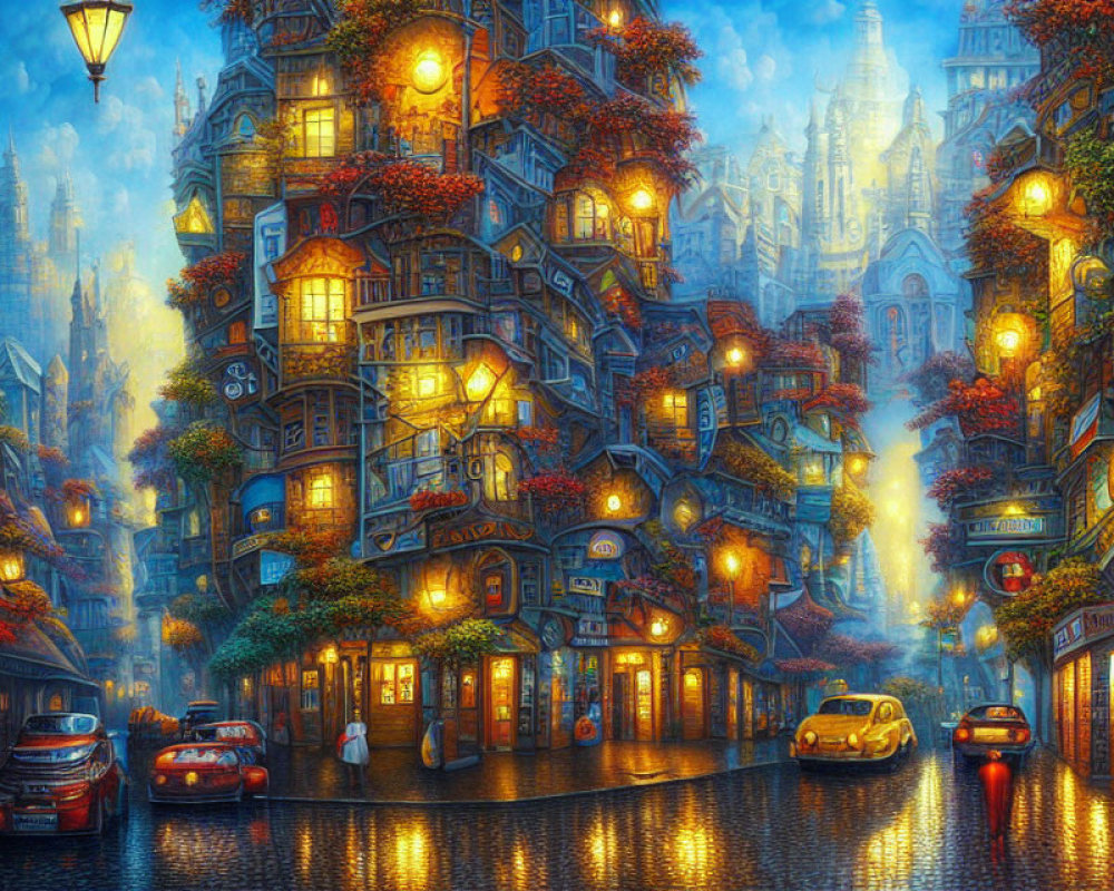 Colorful Street Painting: Vintage Architecture, Classic Cars, Twilight Sky