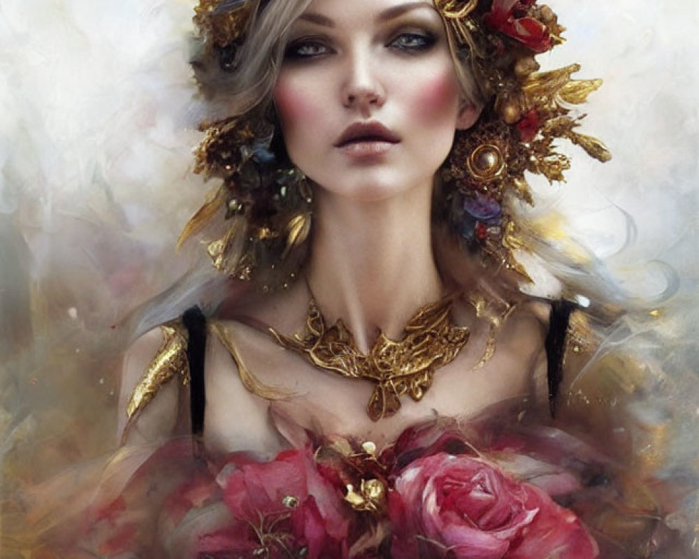 Portrait of a Woman with Floral Crown and Vibrant Roses