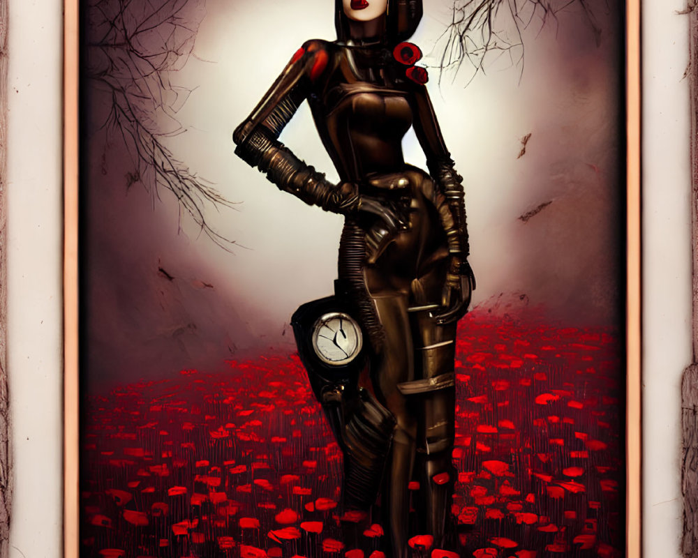 Framed digital artwork of female android in dystopian red foliage landscape