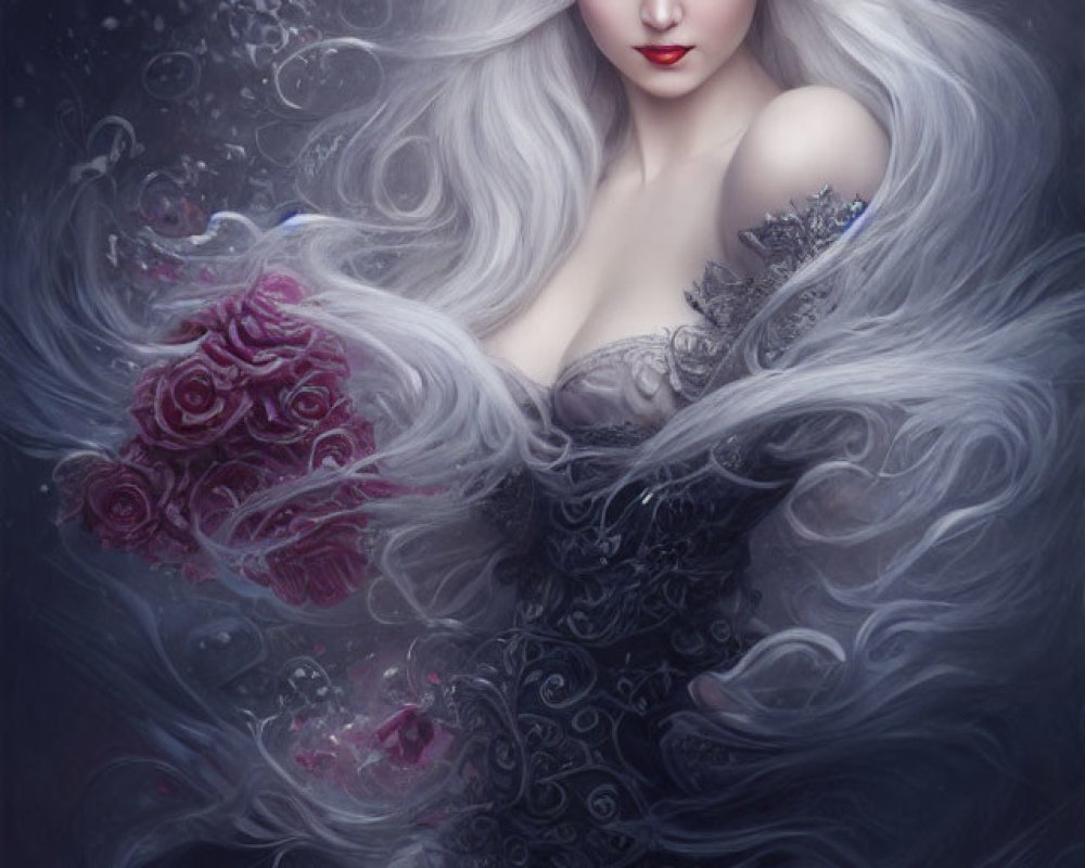 Silver-haired woman in smoky dress with roses in starry setting