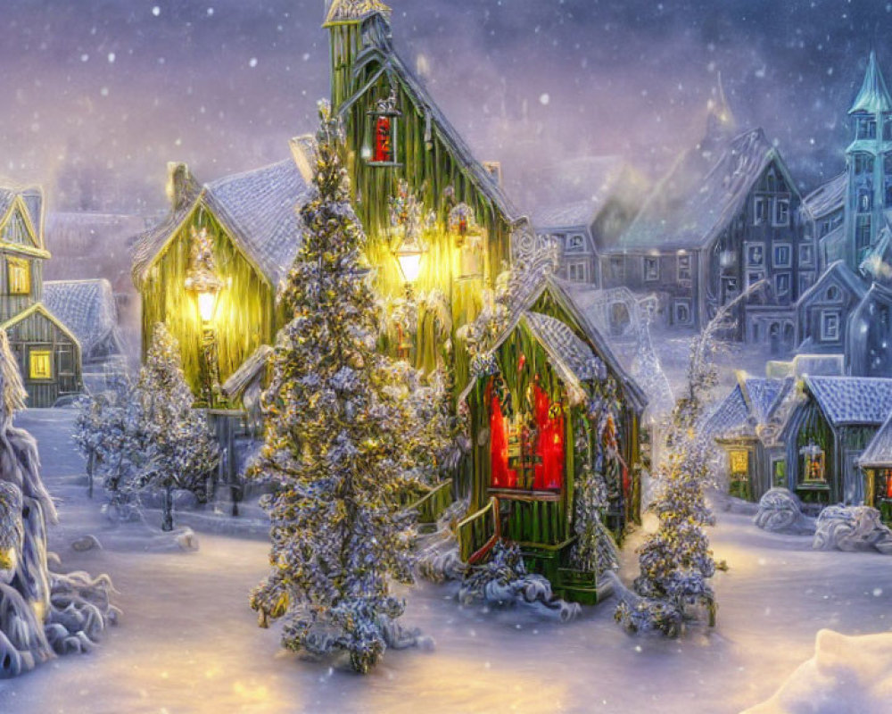 Snow-covered winter village scene with glowing lights and festive atmosphere