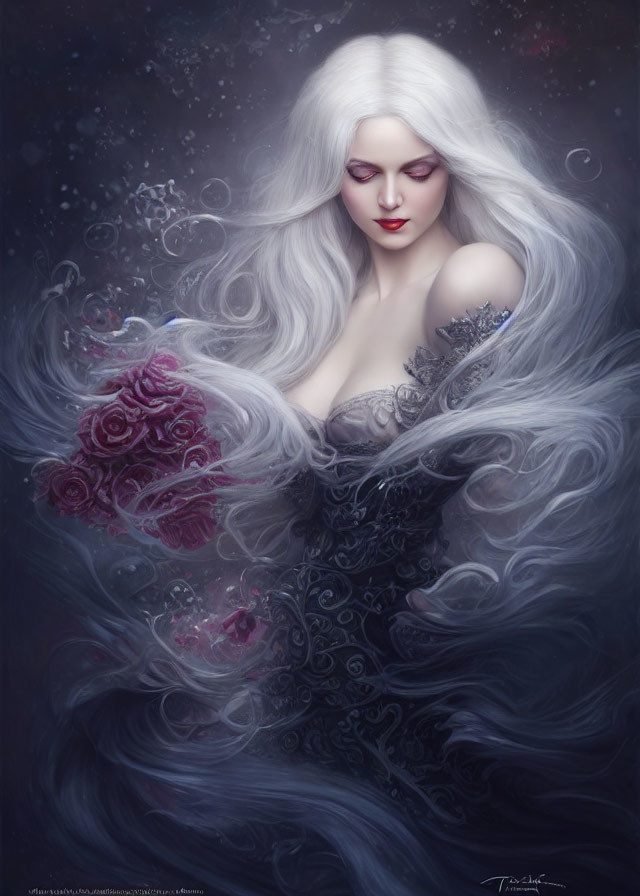 Silver-haired woman in smoky dress with roses in starry setting