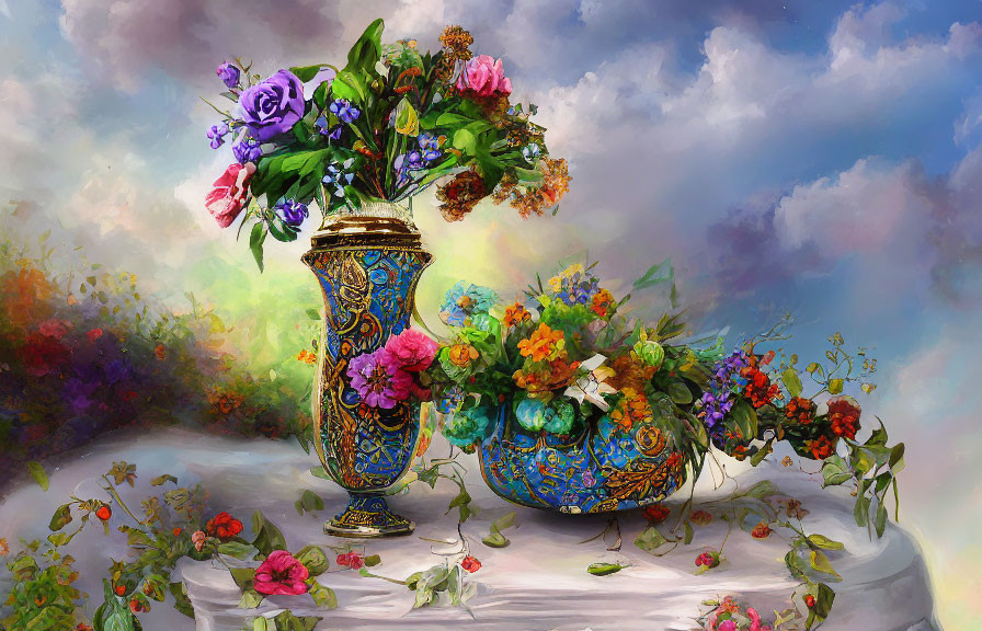 Colorful floral painting in decorative vase against dreamy garden backdrop