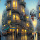 Colorful Street Painting: Vintage Architecture, Classic Cars, Twilight Sky