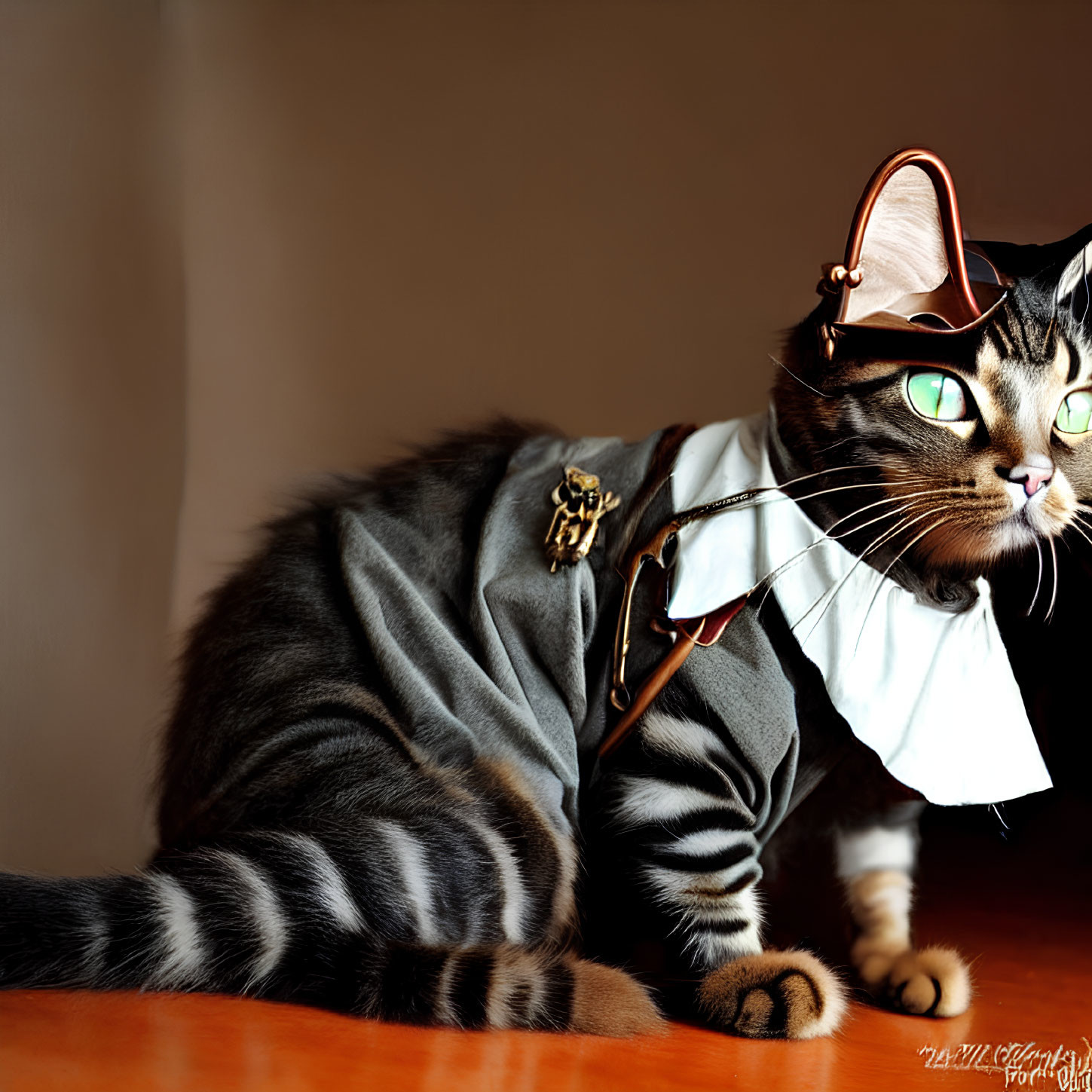 Striped Cat in Pirate Costume with Hat and Earring on Wooden Surface