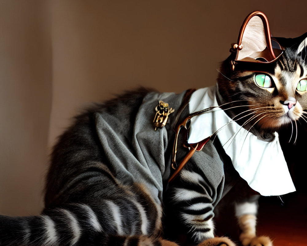 Striped Cat in Pirate Costume with Hat and Earring on Wooden Surface