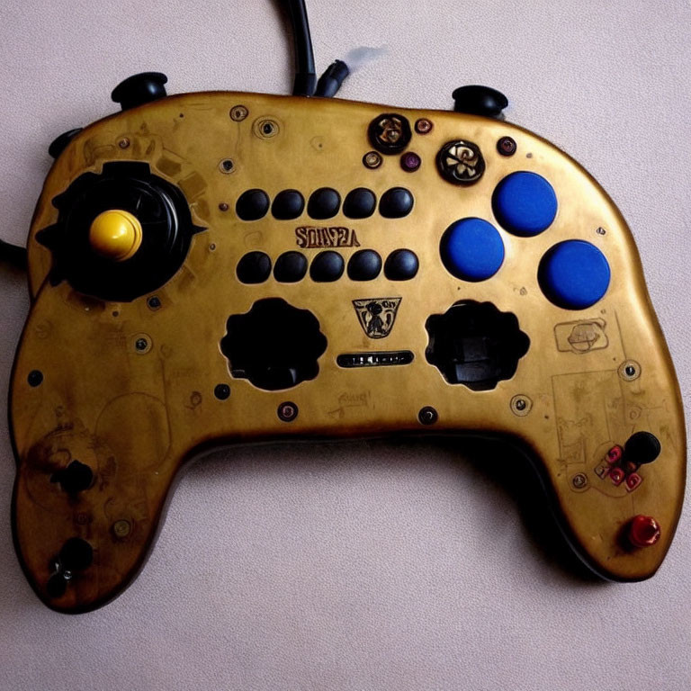 Transparent yellow game controller with black buttons and joystick, reminiscent of Sega design.