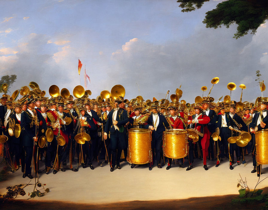 Brass band in uniform with instruments outdoors