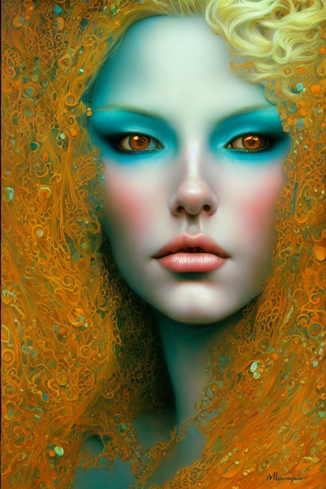 Vibrant surreal portrait of female figure with blue eyes and ornate orange hair on turquoise background