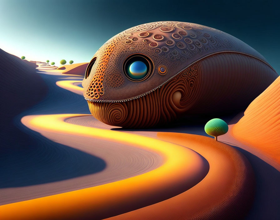 Whimsical creature in surreal landscape with intricate patterns