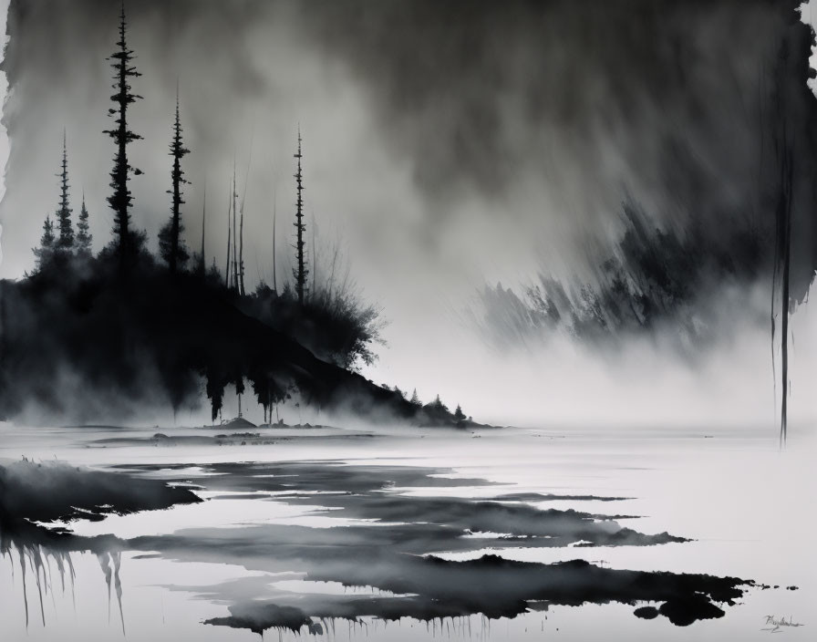 Serene monochromatic landscape with silhouetted trees reflected in misty water