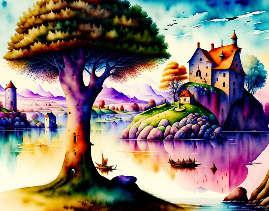 Surreal landscape with castle, fantastical tree, boats, and twilight sky