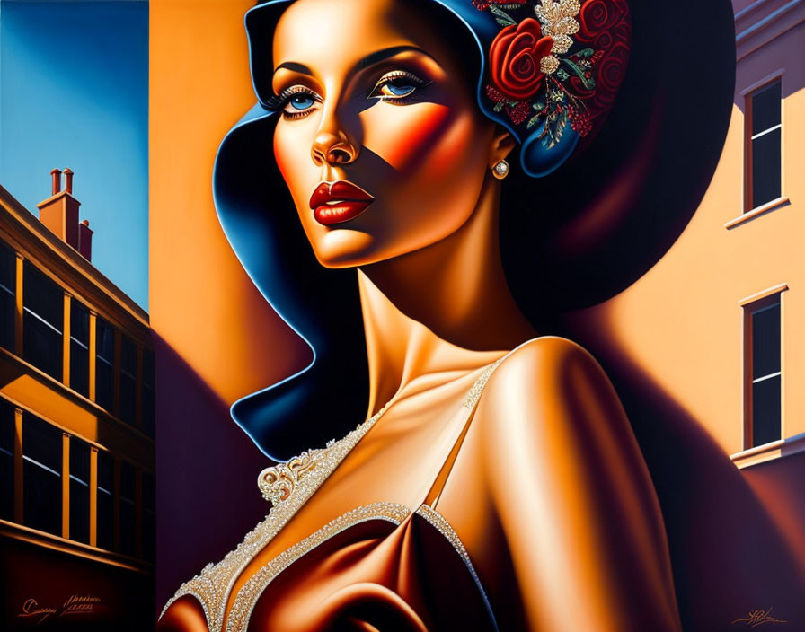 Stylized painting of woman with striking makeup and red floral hair accessory against urban backdrop