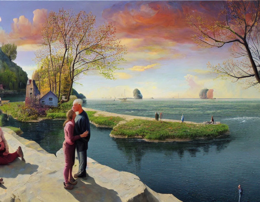 Elderly Couple Embracing by River at Dawn or Dusk