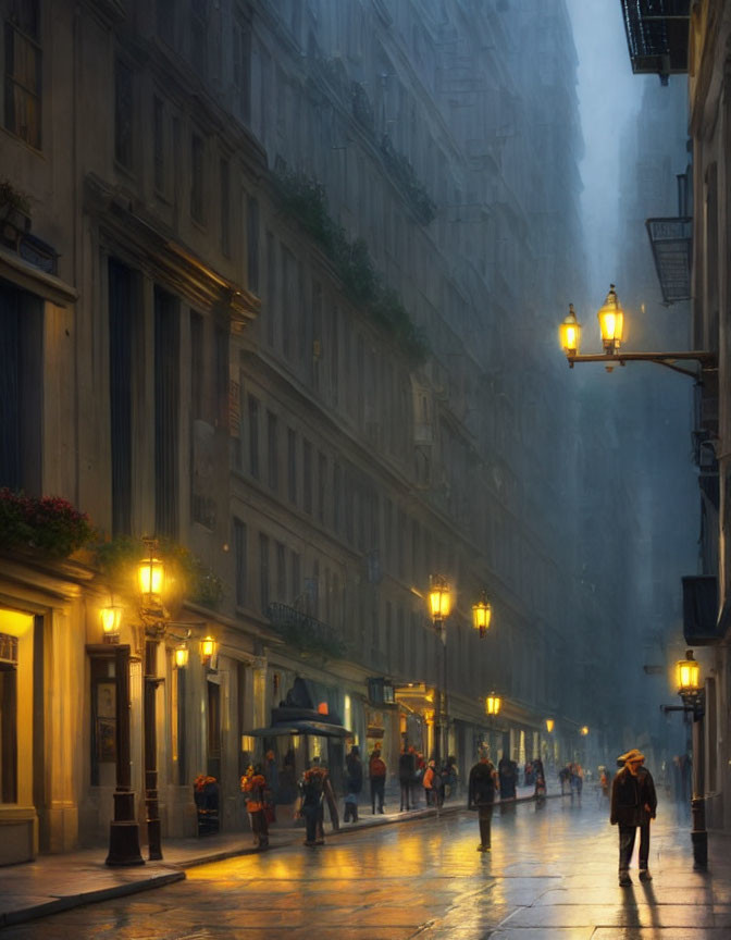 Urban street at dusk with glowing street lamps and people walking among foggy buildings.