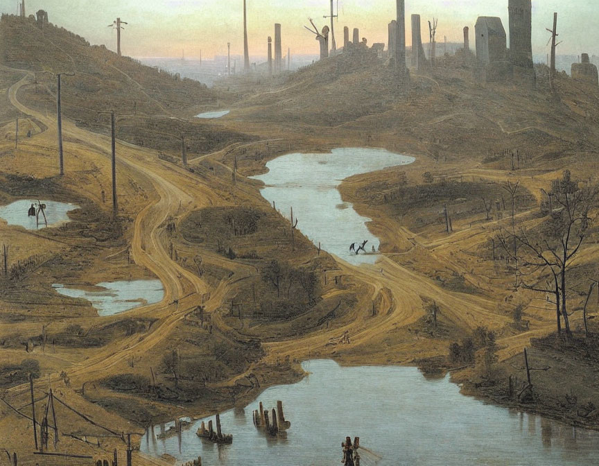 Industrial landscape with smokestacks, river, dirt roads, and figures at dusk