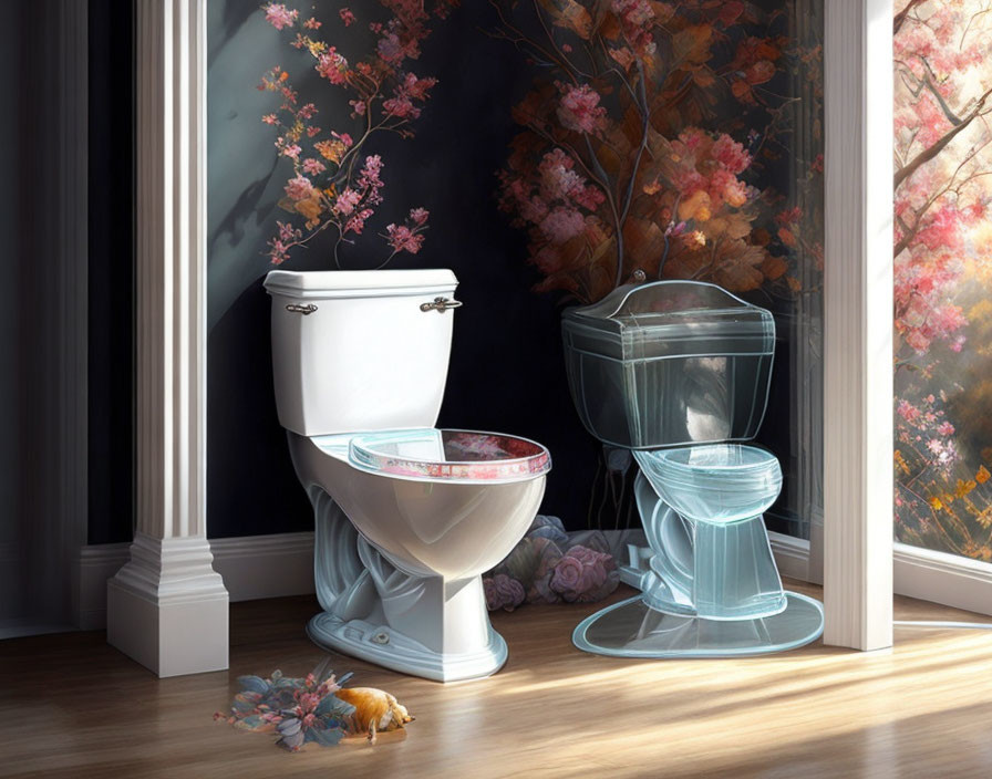 Surreal image: Inverted toilets against window with blooming trees