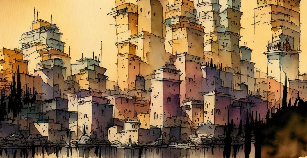 Detailed Watercolor Cityscape Illustration with Multi-Layered Buildings