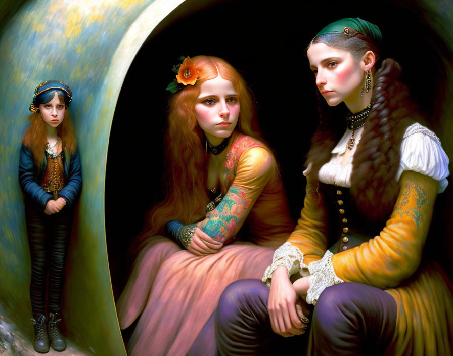 Three women in vintage attire with distinct hairstyles and tattoos in a tunnel setting.