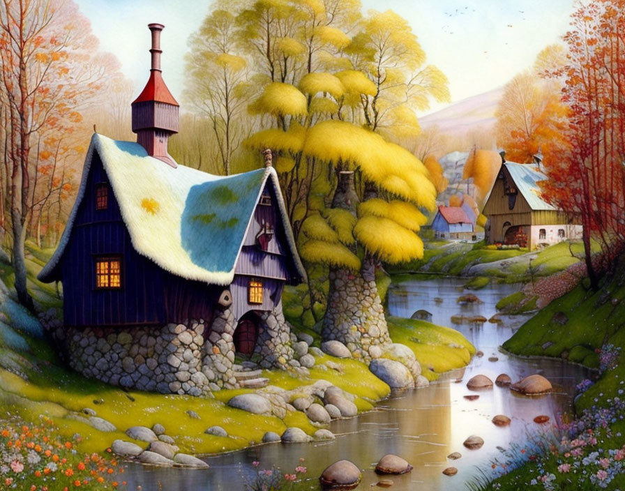 Picturesque autumn cottages nestled by river among colorful trees