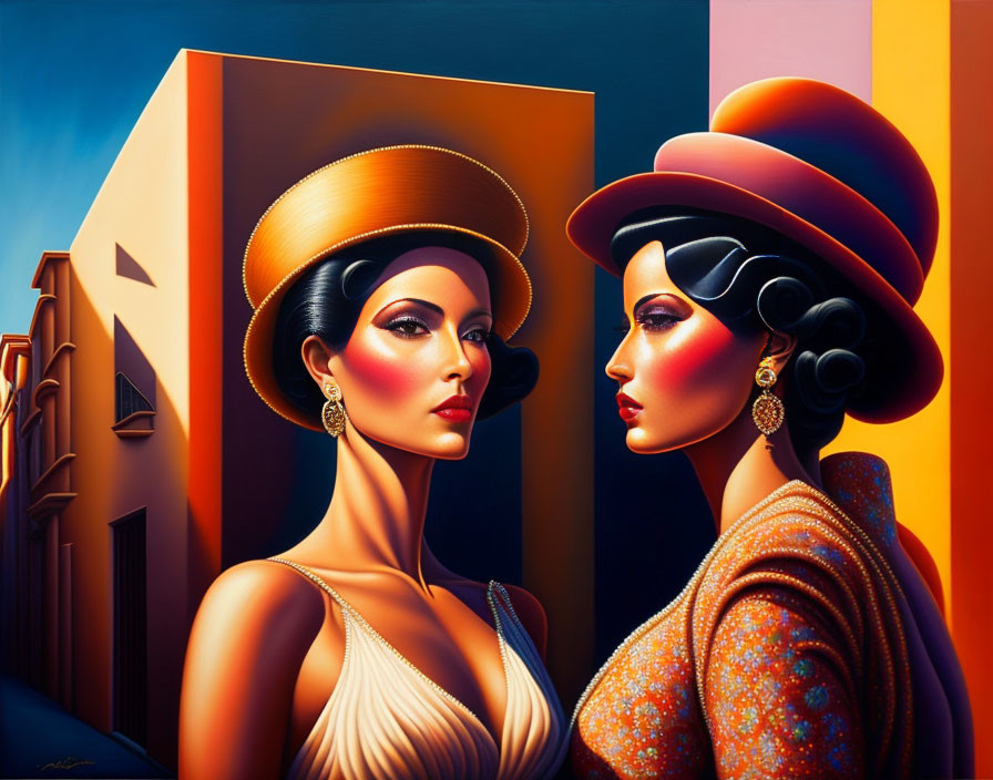 Stylized women in elegant hats with retro hairstyles on colorful urban background