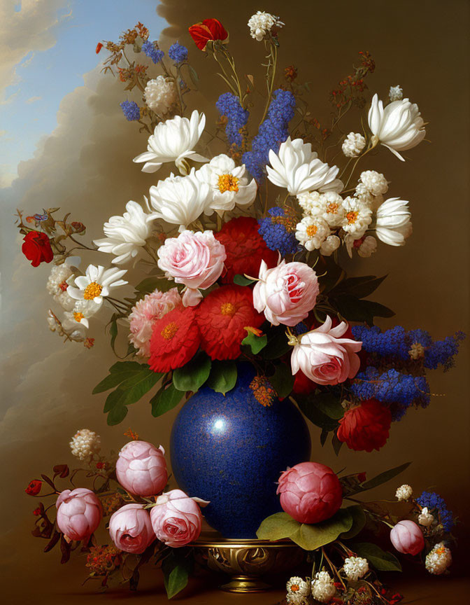 Multicolored flowers in blue vase against moody sky backdrop.