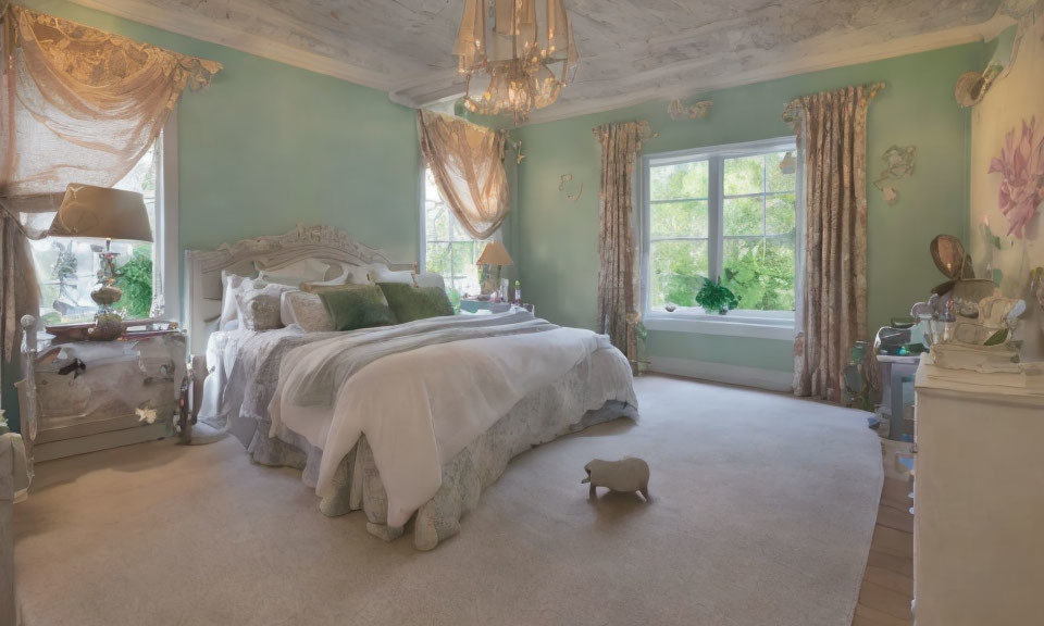 Luxurious Mint Green Bedroom with Ornate Headboard and Crystal Chandelier