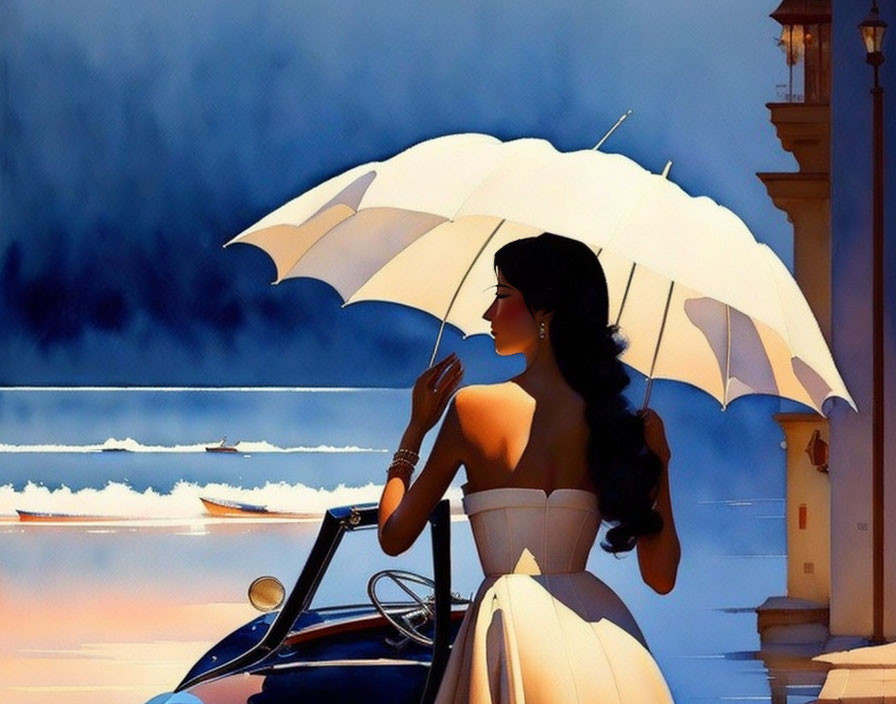 Dark-haired woman with white umbrella on sunlit balcony overlooking serene seascape and vintage car