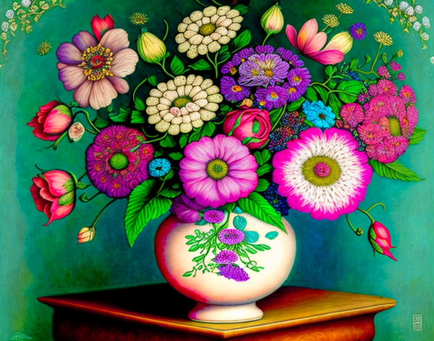 Colorful Flower Bouquet Still Life Painting on Table with Teal Background